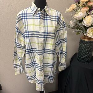 Larro Men’s Blue Green Plaid Button Down Shirt L 100% Cotton Casual